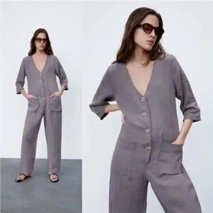 Zara Jumpsuit Women's Large Gray Linen Long Boilersuit Minimalist Lagenlook Grey